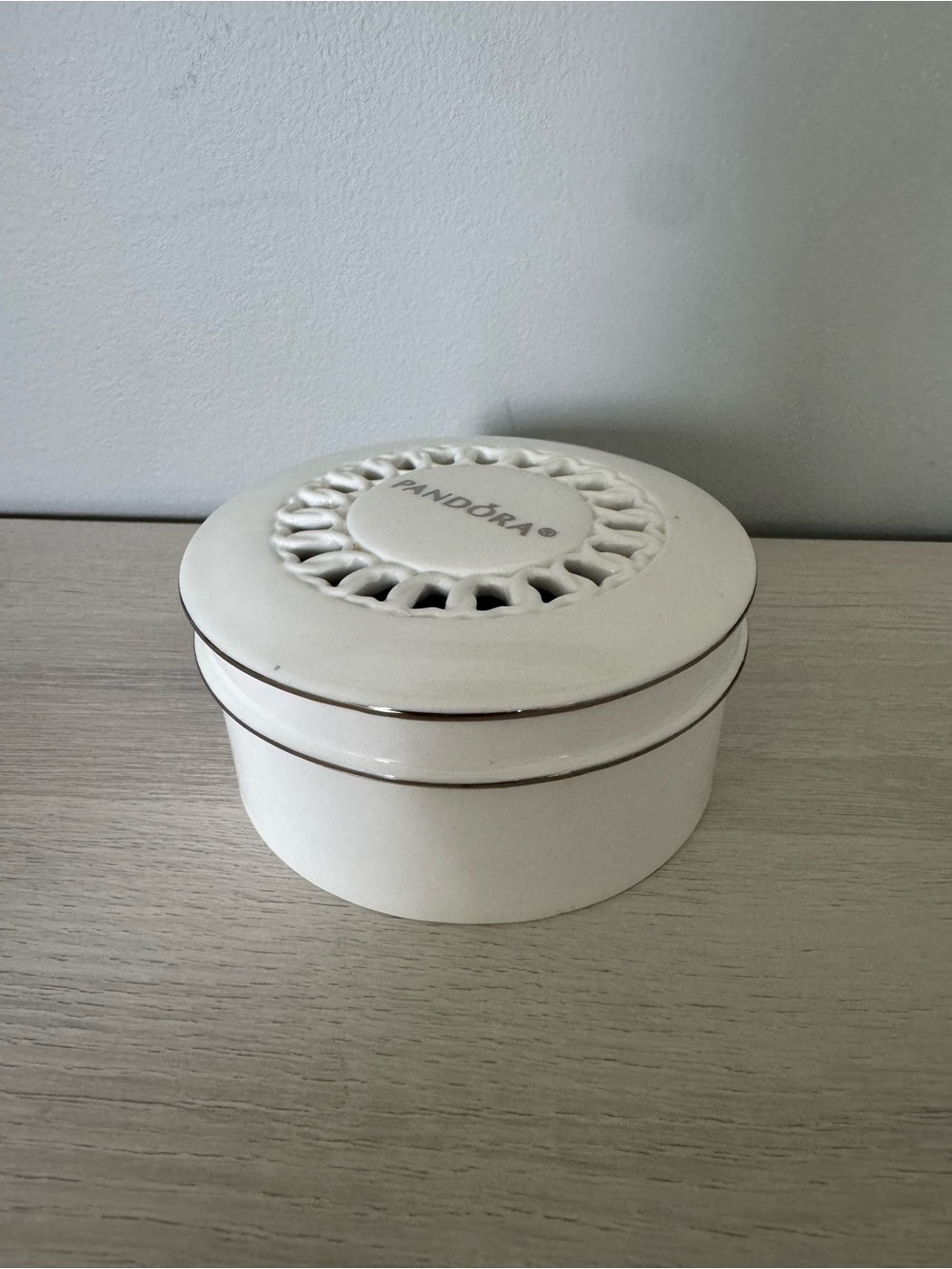 PANDORA Limited Edition White Porcelain Silver Trimmed Round Jewelry Box 4”